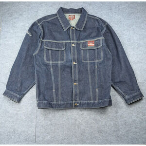 Varcity Denim Jacket Mens Large Vintage Streetwear Y2K Trucker Work Wear Jean